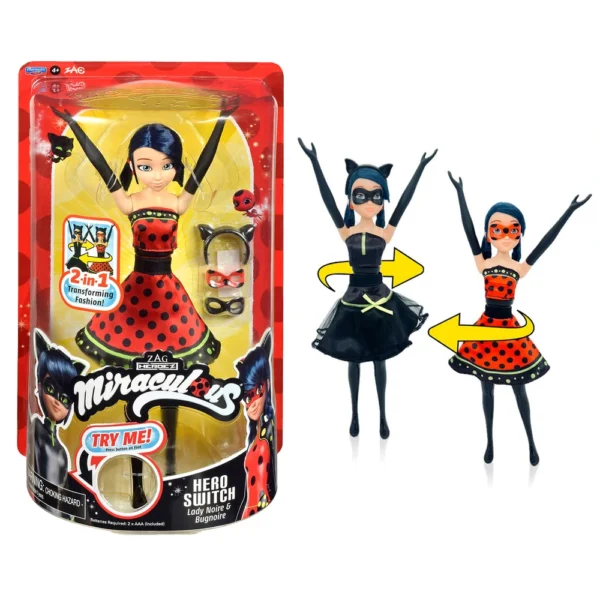 Miraculous - Poupée Ladybug Transformation - Poupée 26 cm qui se transforme en Lady Noire et Bug Noire - Jouet Miraculous - Poupée articulée avec 2 tenues